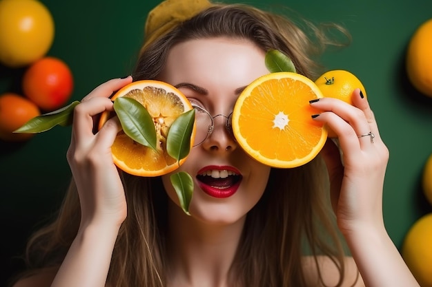 Una mujer con naranjas y gafas sostiene dos mitades de naranja.