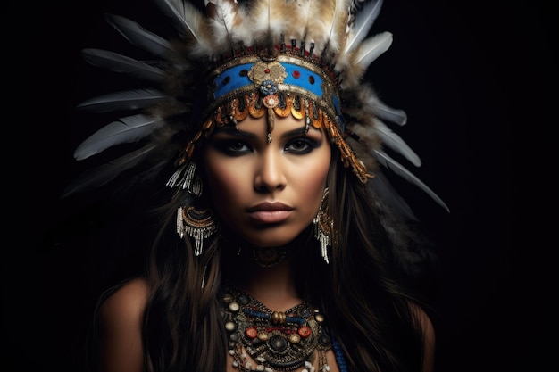 Mujer nativa americana sonriendo vistiendo un tocado indio con plumas