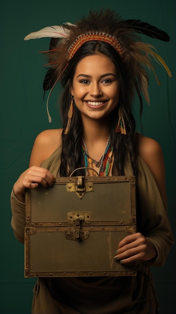 Mujer nativa americana sosteniendo una caja