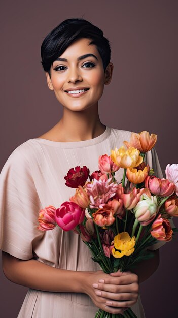 Mujer nativa americana sosteniendo ramo de flores floristería