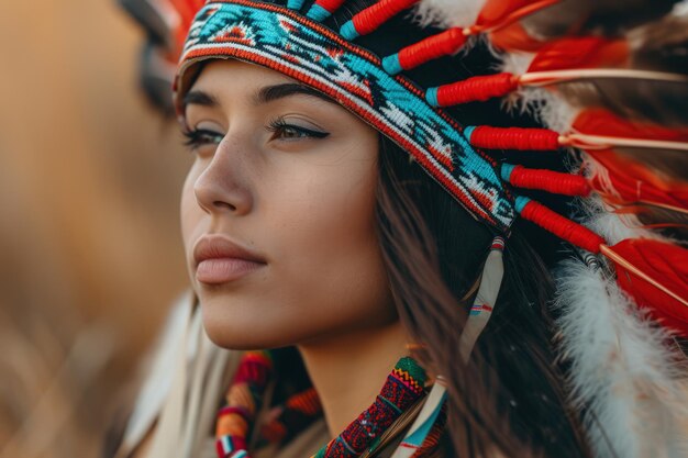 Foto mujer nativa americana con un tocado en la cabeza