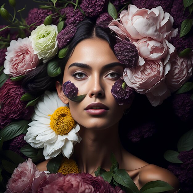 Foto mujer natural con fondo floral