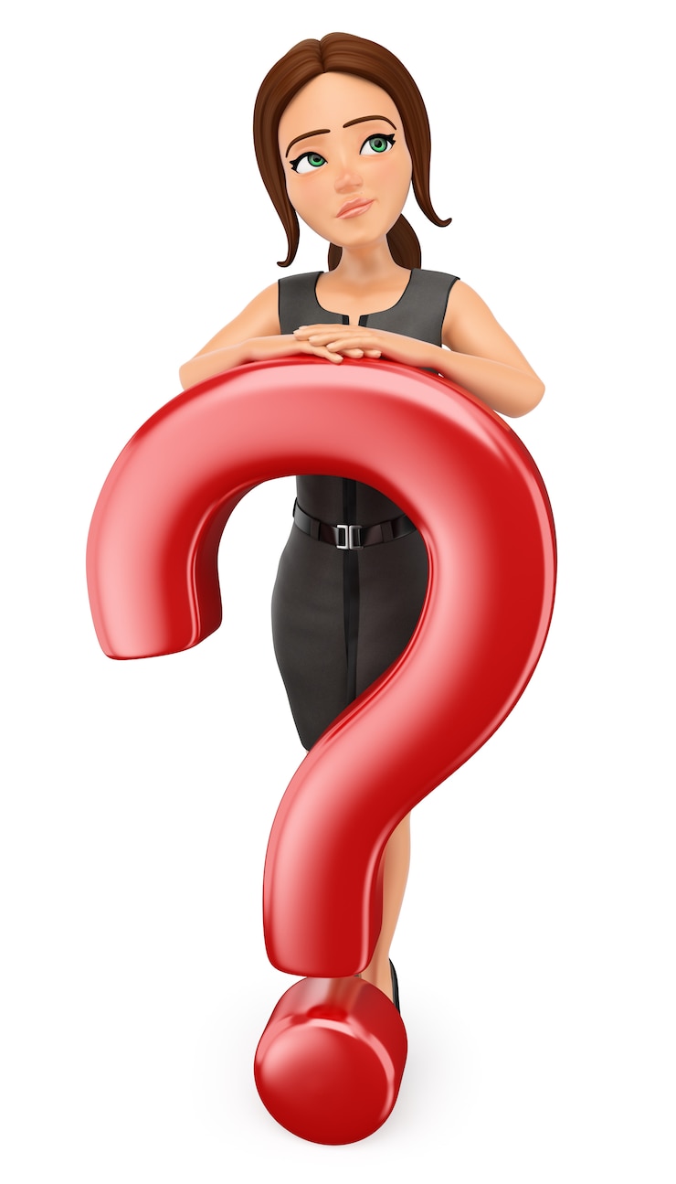 Foto mujer de negocios 3d con un gran signo de interrogación. dudas