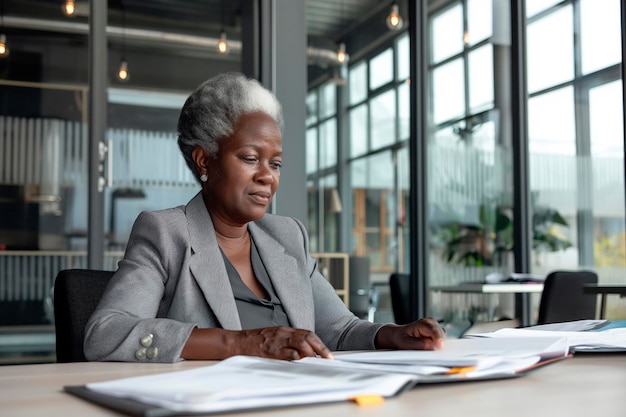 Mujer de negocios africana madura en traje gris sentada en la mesa mirando documentos
