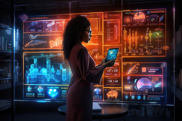 Mujer de negocios africana que trabaja con datos y hologramas de tableta con superposición digital para estadísticas tecnológicas o AI generativa del mercado de valores