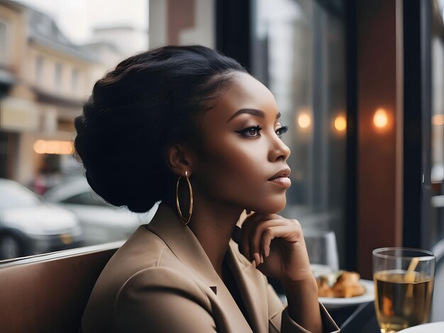 Mujer de negocios africana sentada en un café urbano de moda mujer negra seria en un café generativo ai