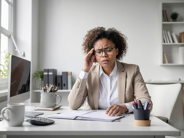 Una mujer de negocios afroamericana cansada usando una computadora portátil en la oficina problemas de dolor de cabeza