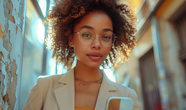 Mujer de negocios afroamericana moderna en traje beige sonriendo y sosteniendo un teléfono inteligente escribiendo texto