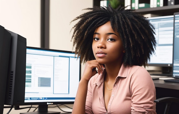 Mujer de negocios afroamericana con peinado afro en la oficina IA generativa