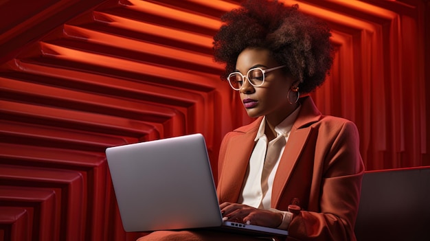 Una mujer de negocios afroamericana sentada reflexiona en su computadora portátil