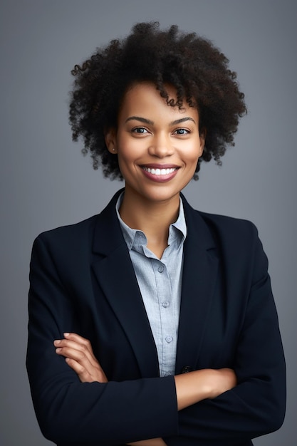 Mujer de negocios afroamericana sonriendo a la cámara generativa ai