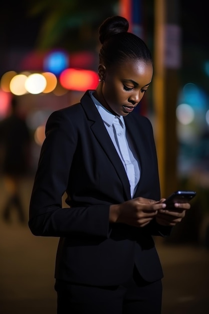 Mujer de negocios afroamericana en un traje formal con un teléfono inteligente