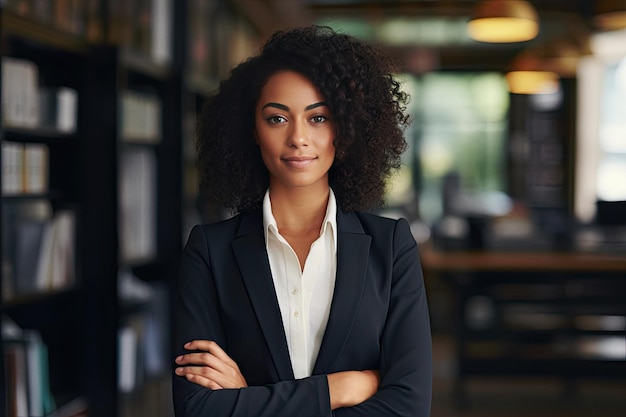 Mujer de negocios afroamericana vistiendo blazer en el fondo de la oficina