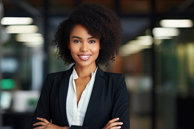 Mujer de negocios afroamericana vistiendo blazer en el fondo de la oficina