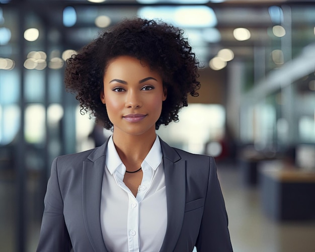 Mujer de negocios afroamericana vistiendo blazer en el fondo de la oficina