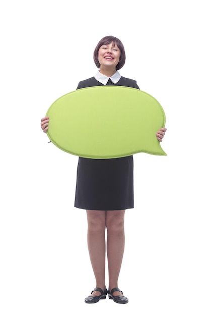 Mujer de negocios alegre con una burbuja de discurso