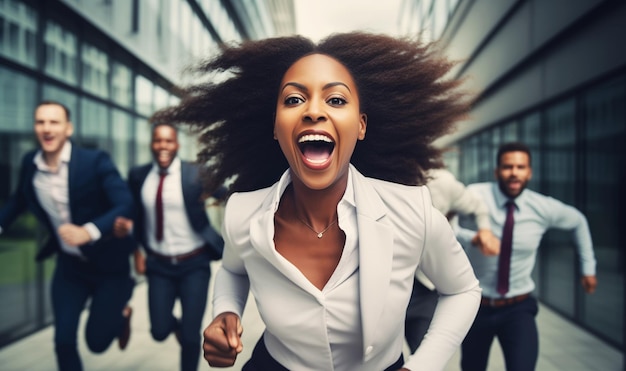 Mujer de negocios alegre corriendo con colegas hombres de negocios teniendo una carrera juntos en la oficina