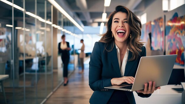 Foto mujer de negocios alegre divirtiéndose mientras usa una computadora portátil en la oficina