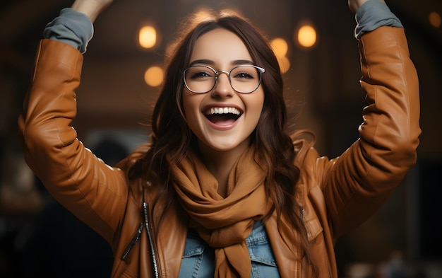 Mujer de negocios alegre emprendedora independiente sonriente concepto de proyecto ganador parrilla feliz con las manos