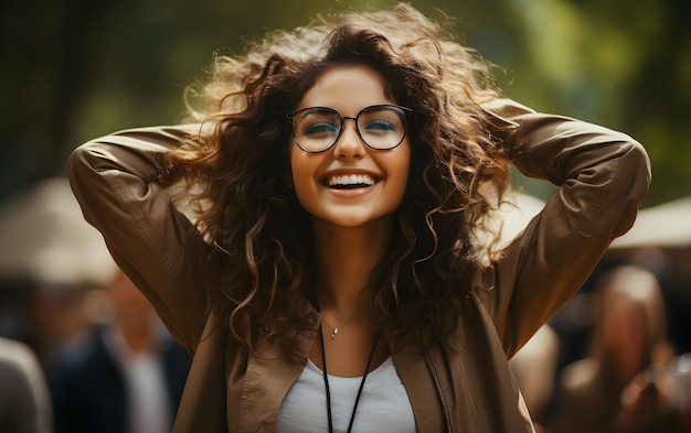 Mujer de negocios alegre emprendedora independiente sonriente concepto de proyecto ganador parrilla feliz con las manos