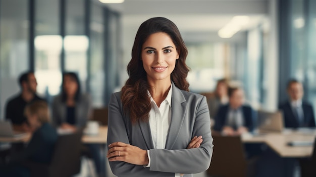 Mujer de negocios alegre en la oficina hermosa imagen de ilustración IA generativa