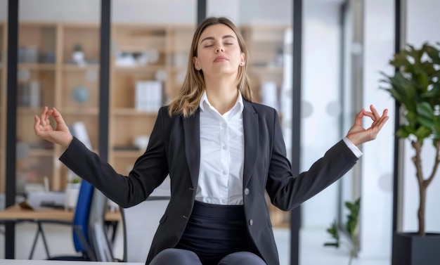 Foto mujer de negocios alemana practicando yoga en el lugar de trabajo
