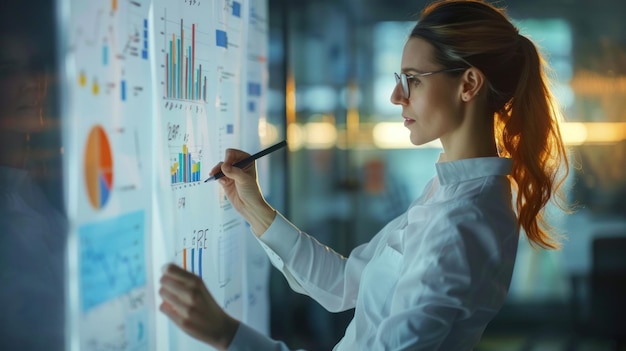 Una mujer de negocios analizando datos en una pizarra interactiva