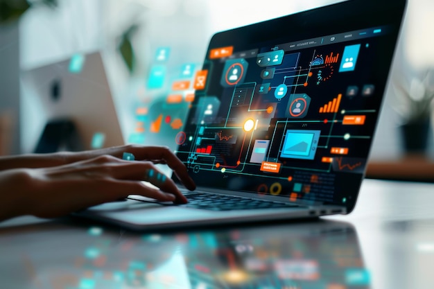 Mujer de negocios analizando datos usando una computadora portátil con interfaz holográfica