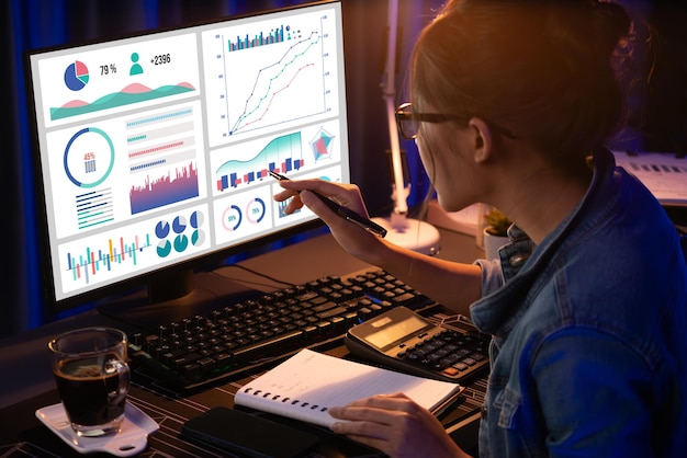 Mujer de negocios analizando con el gráfico de negocios apuntando estratagema