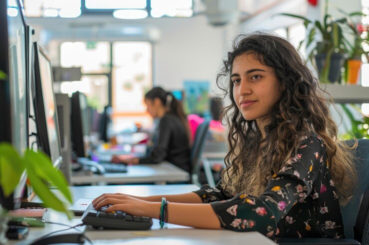 Foto mujer de negocios aprendiendo y escribiendo informes financieros utilizando la computadora aig51