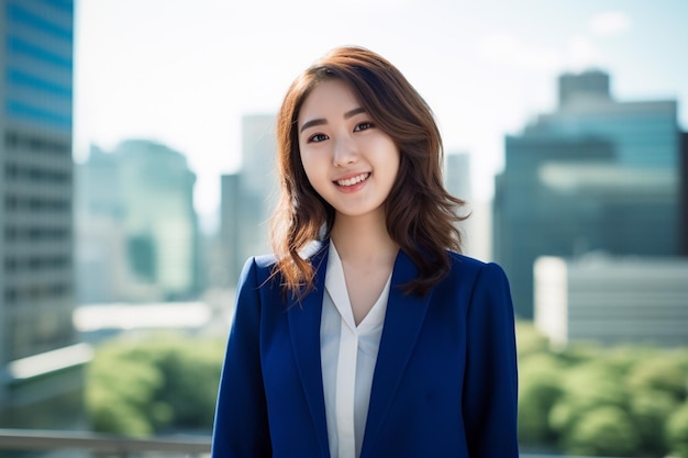 Mujer de negocios asiática con blazer azul marino con vistas a los rascacielos