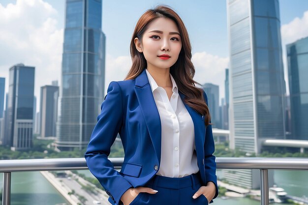 Foto mujer de negocios asiática con blazer azul de pie con vista a los rascacielos
