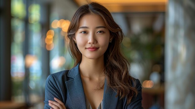 Foto una mujer de negocios asiática confiada y sonriente líder un empresario exitoso un gerente ejecutivo de negocios profesional de pie con los brazos cruzados en la oficina retrato