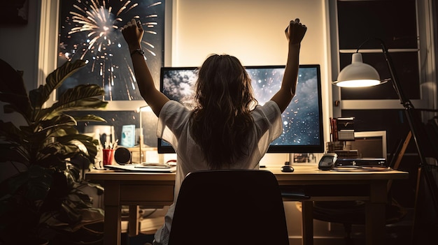 Mujer de negocios asiática emocionada en el lugar de trabajo celebrando el acuerdo exitoso