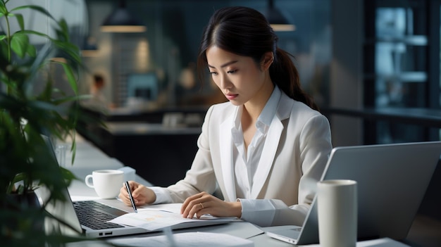 Foto mujer de negocios asiática enfocada en el lugar de trabajo