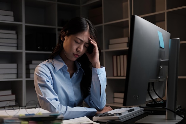 Mujer de negocios asiática estresada que tiene dolor de cabeza mientras trabaja horas extras por la noche sintiéndose cansada después de un largo día de trabajo