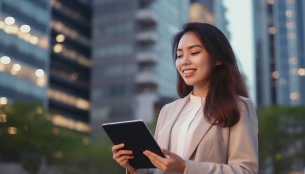 Mujer de negocios asiática líder empresario de pie en la calle en una gran ciudad contra el cielo