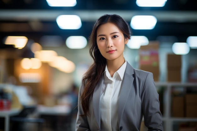 mujer de negocios asiática de pie en una oficina