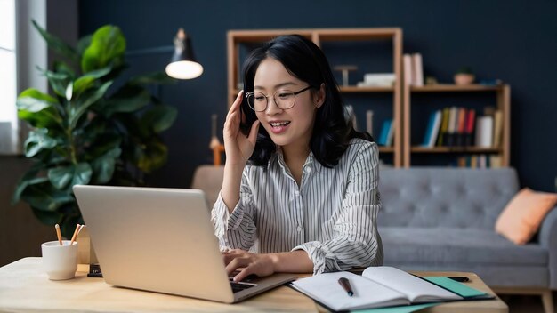 Mujer de negocios asiática que usa una computadora portátil habla con sus colegas sobre el plan en una llamada de video mientras trabaja de forma inteligente