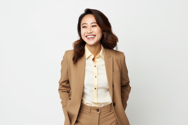 Mujer de negocios asiática riendo con traje marrón