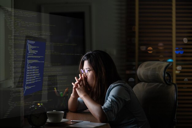 Mujer de negocios asiática trabajando duro con frente de escritorio de computadora con código fuente de programación