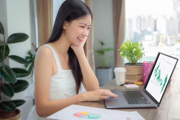 Mujer de negocios asiática trabajando en la oficina en casa en la mesa con un cuaderno de computadora y una taza de café