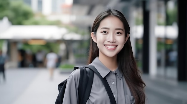 Una mujer de negocios asiática va a trabajar a un puesto de oficina y usa una mochila sonriente en la calle alrededor del edificio de una ciudad