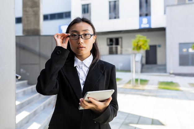 Mujer de negocios asiática en traje de negocios de pie trabajando con tableta en las manos en el centro de edificio de oficinas moderno de fondo afuera. Hombre usando teléfono inteligente, usa la calle de la ciudad al aire libre del teléfono móvil