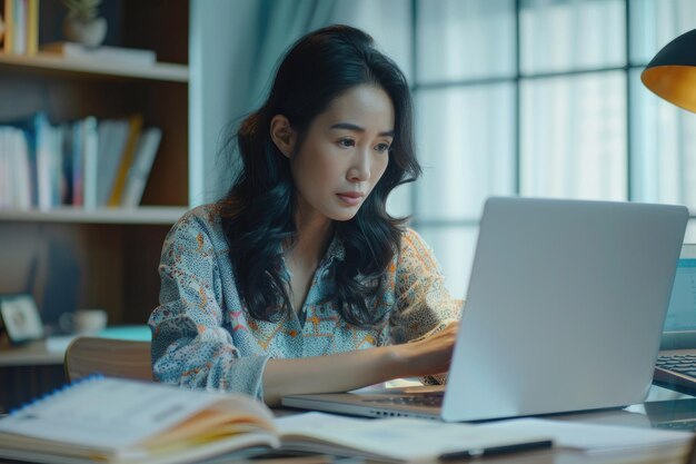 Una mujer de negocios asiática usando una computadora portátil y una calculadora en el escritorio