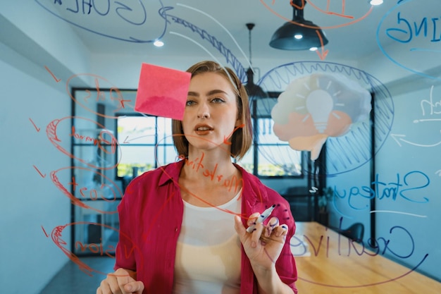 Foto una mujer de negocios atractiva e inteligente hace una tormenta de ideas usando el mapa mental de inmaculada.