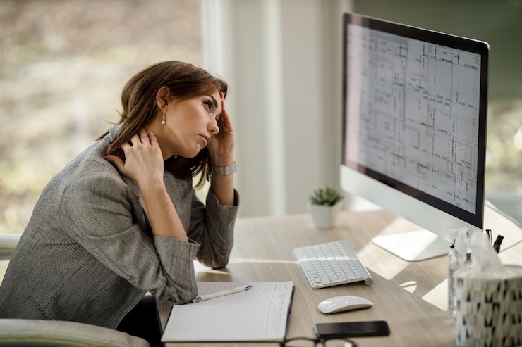 Foto una mujer de negocios atractiva que parece demasiado estresada mientras trabaja en la computadora en su oficina.