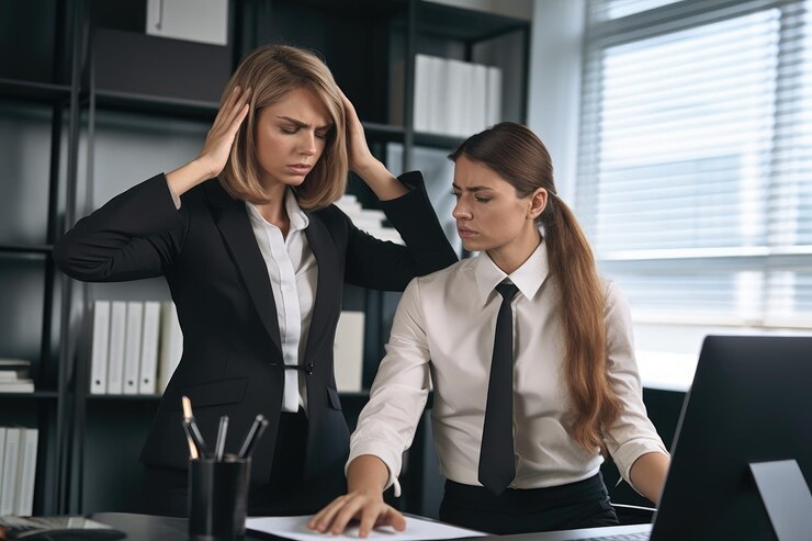 Mujer de negocios ayudando a su colega con problemas técnicos
