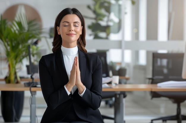 Una mujer de negocios brasileña practicando yoga en el lugar de trabajo