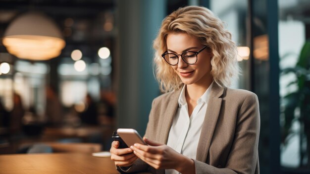 Mujer de negocios en un café trabaja en su teléfono durante un descanso creado con tecnología de IA generativa